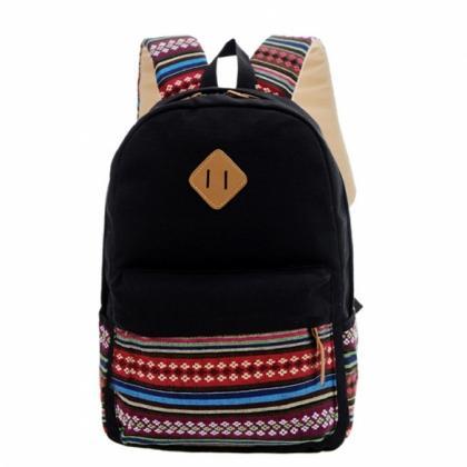 Unisex Canvas Patchwork Backpack National Style..