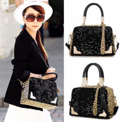 Leopard Sequins Style Designer Handbags Leather..