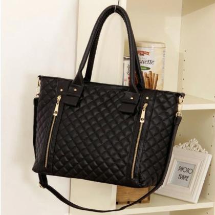 Diamond Quilted Leather Tote Bag Featuring A..