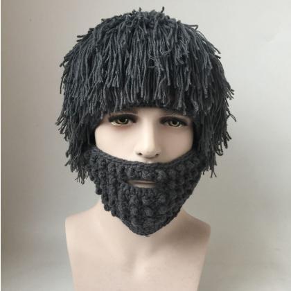 Funny Hand Knitted Woolen Wig Beard Hat