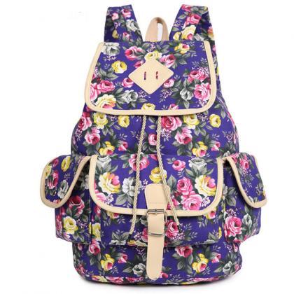 Flower Print Drawstring Flap Buckle Backpack