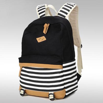 Stripe Print Fashion Canvas Backpack School Travel..