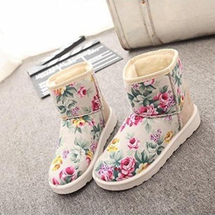 Fashion Women Winter Warm Floral Ankle Snow Boot..