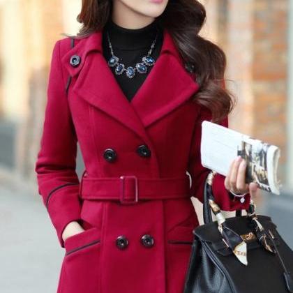 Slim Long Sleeves Button Wool Length Coat With..