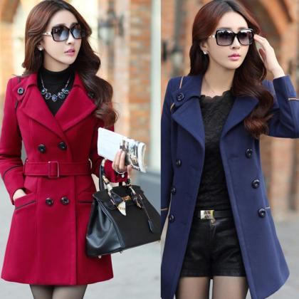 Slim Long Sleeves Button Wool Length Coat With..