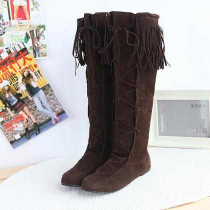 Style Frosted Sleeve Flat Tassel High Boots