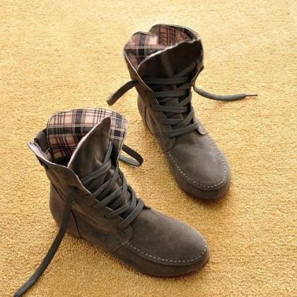 Winter Solid Color Lace Up Flat Short Boots