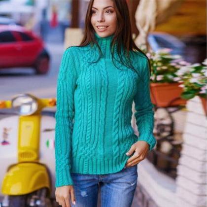 Cable High-neck Solid Slim Pullover Short Sweater