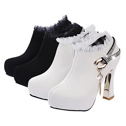 High Chunky Heel Lace Side Zippers Boots