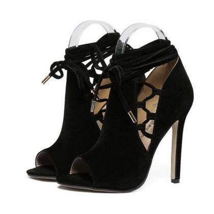 Sexy Strap Lace Up Hollow Out Black Sandals