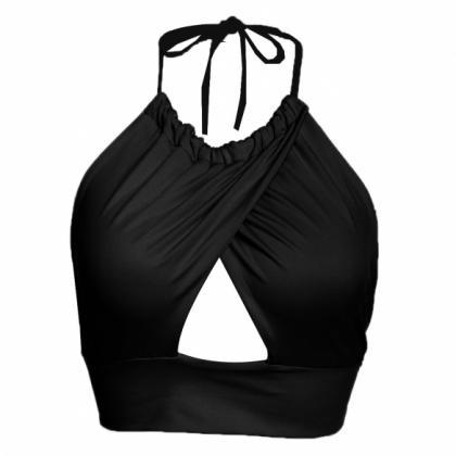 Sexy Women Halter Crossover Backless Solid Slim Crop Tops on Luulla