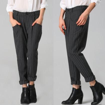 Stylish Lady Women Striped Full Length Pants Slim..