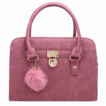 Synthetic Leather Tote Bag Handbag With Pompoms..