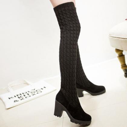Fashion High Heeled Knee-high Wool Canister Warm..
