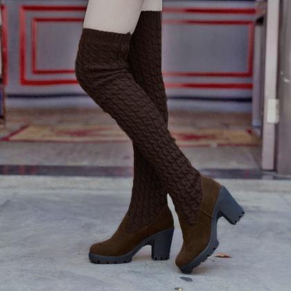 Fashion High Heeled Knee-high Wool Canister Warm..
