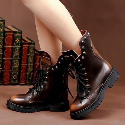 Retro Warm Rivet Leather British Short Boots