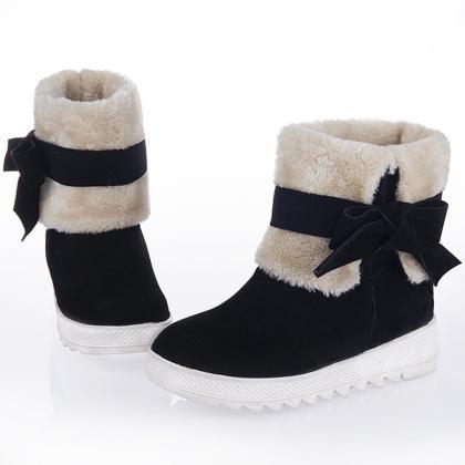Warm Bowknot Folding Tube Fur Snow Boots
