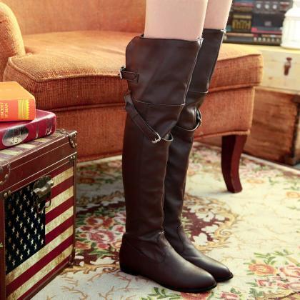 Knee-high Round Head Buckle Side Zippers Boots