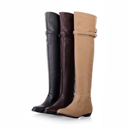 Knee-high Round Head Buckle Side Zippers Boots