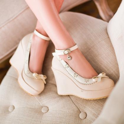 Sweet Bowknot Wedges Ankle Strap Shoes