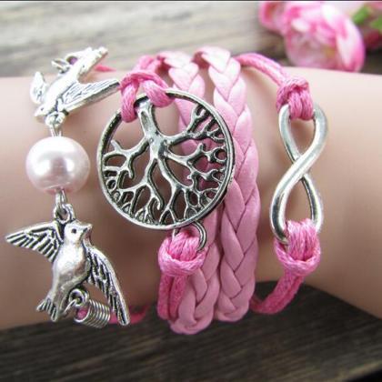 Pink Dove Tree Hand-made Leather Cord Bracelet