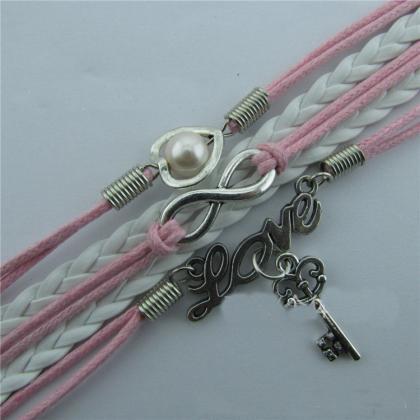 Love Hearts Key Pearl Hand-made Leather Cord..