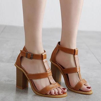 Roman T Strap Hollow Out Buckles Peep-toe Sandals