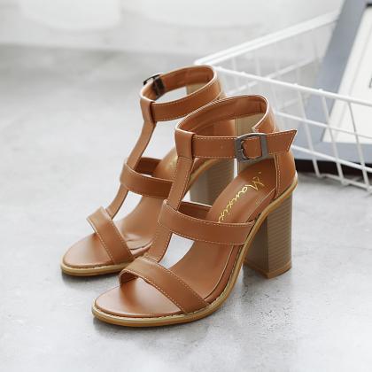Roman T Strap Hollow Out Buckles Peep-toe Sandals