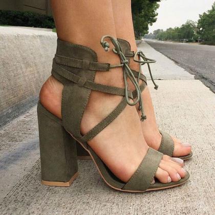 Suede Lace-up Block Heel Sandals