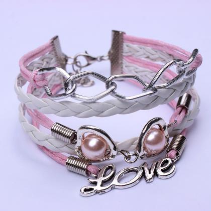 Sweet Pink Chain Heart Pearl Love Bracelet