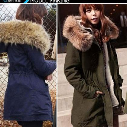 Wool Hooded Long Sleeves Thick Slim Cotton Coat