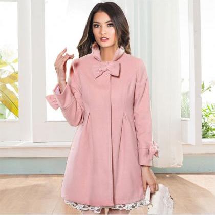 Bowknot Long Sleeves Stand Collar P..