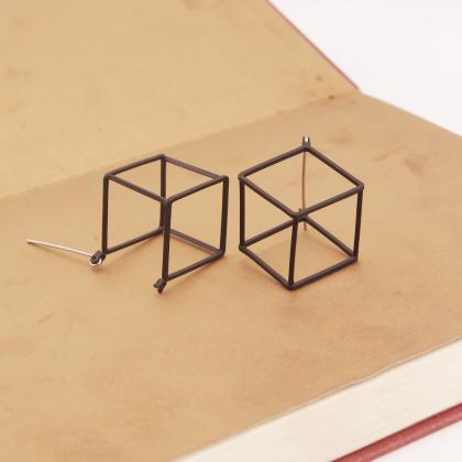 Cube Geometric Stud Earrings In Gold, Silver Or..