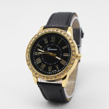 Crystal Roman Number Leather Watch