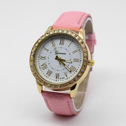 Crystal Roman Number Leather Watch