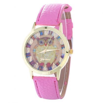 Colorful Owl Print Leather Watch
