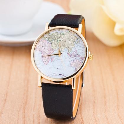 The World Map Faux Leather Strap Watch