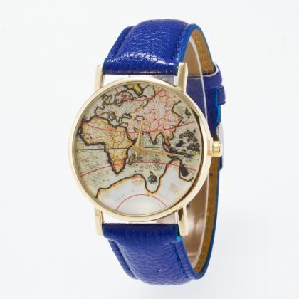 Vintage Map Dial Leather Fashion Watch on Luulla