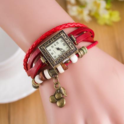 Retro Square Dial Cherry Bracelet Watch