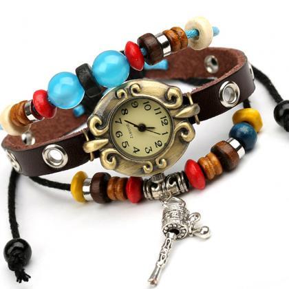 Retro Beads String Leather Bracelet Watch