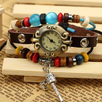 Retro Beads String Leather Bracelet Watch