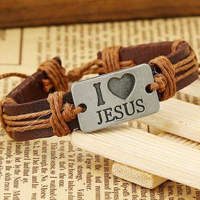 I Love Jesus Alloy Leather Bracelet