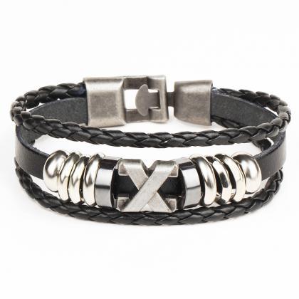 X Anchor Adjustable Woven Leather Bracelet