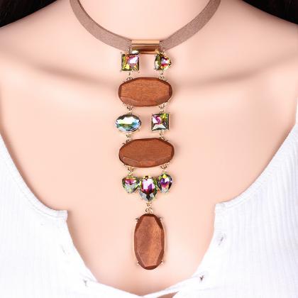 Log Crystal Choker Wooden Korea Velvet Necklace