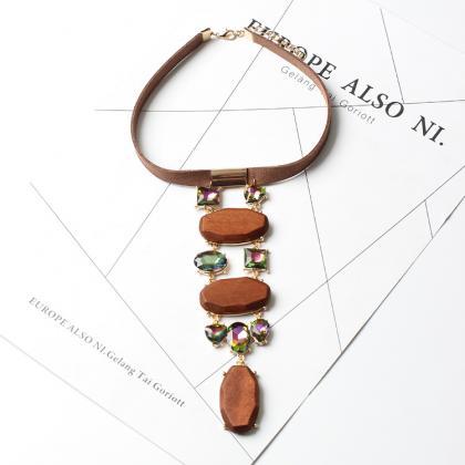 Log Crystal Choker Wooden Korea Velvet Necklace