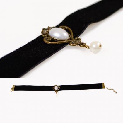 Handmade Velvet With White Pearl Necklace