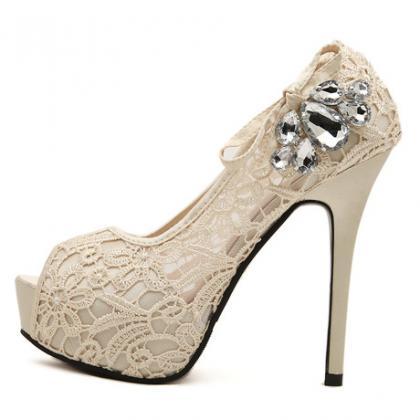 Peep Toe Lace Stiletto Heels With Ribbon And..
