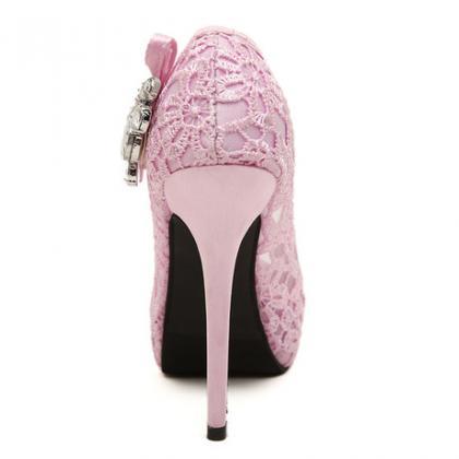Peep Toe Lace Stiletto Heels With Ribbon And..
