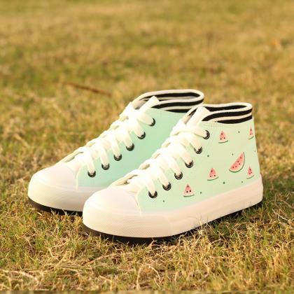 Watermelon / Cat And Fish Cartoon Printed Lace-up..