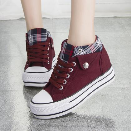 Fashion Increased Canvas Lace Up Plaid Sneakers